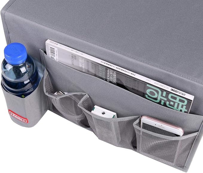 Bedside Caddy,5 Pockets Bedside Organizer Caddy Under Mattress,Holds Water Bottles,Magazines,Books (Dark Grey)-NeatNest