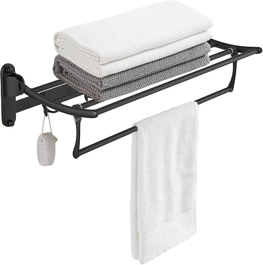 BESy 24 Inch Matte Black Towel Racks, Bathroom Towel Shelf with Foldable Towel Bar Holder and Towel Hooks, Wall Mounted Multifunctional Bathroom Accessories, Double Towel Bars-NeatNest