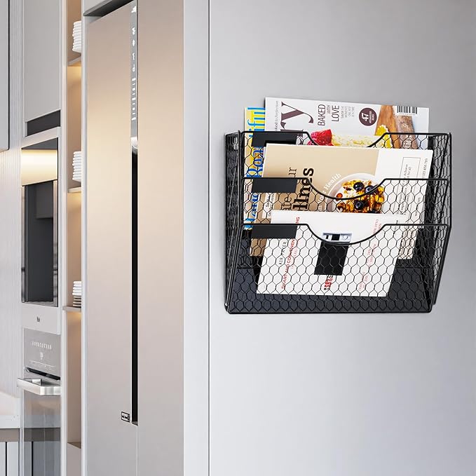 3-Tier Magnetic File Holder for File Cabinets, Refrigerator, Whiteboard, Magnetic Paper Holder, Magnetic Mail Holder, Black Magnetic Folder Holder