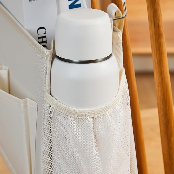 Bedside Storage Organizer, White Bedside Caddy Organizer - With Hooks and Multiple Pockets, a Clever Storage Solution for Books, Magazines, and More, 2 Pack-NeatNest