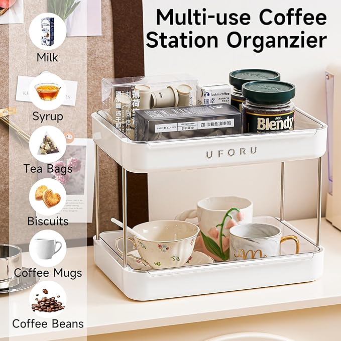 Countertop Coffee Station Organizer| 2-Tier Whisky Glass Holder, Mug Drying Rack with Removable Drain Tray - Easy to Install, Clean - Matcha Station Shelf for Kitchen, Bathroom Counter Organzier-NeatNest