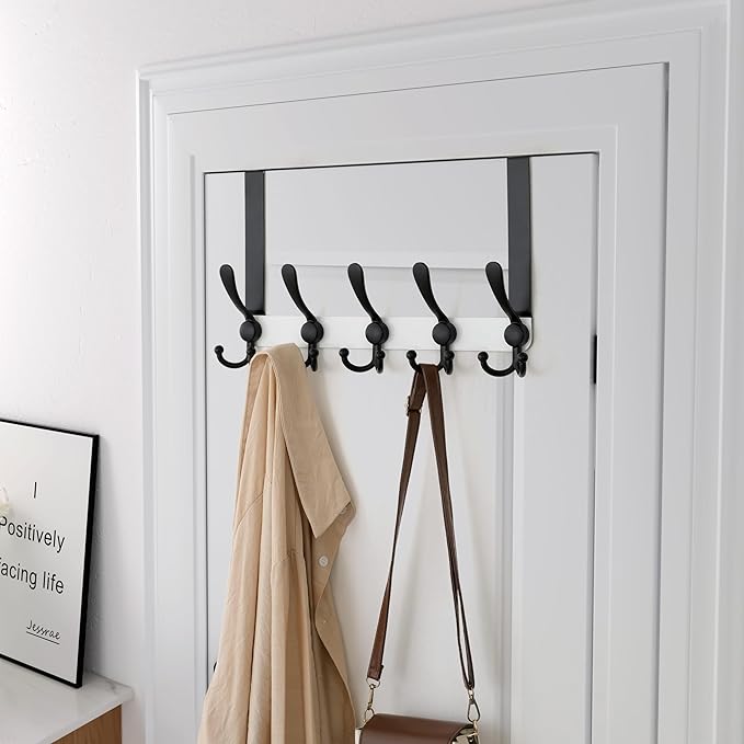 Dseap Over Door Hook 2.0 - Upgraded Version - Simple-Assembly, Strong, Heavy-Duty Stainless Steel 5-Tri-Hook Over The Door Hanger Rack, SimpleStrong Series, White & Black, Pack of 2