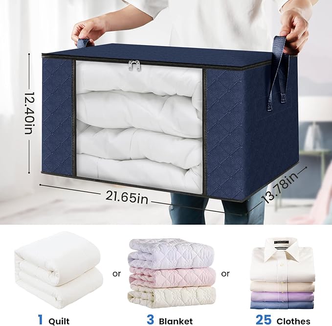 Fab totes 4 Pack Clothes Storage, Foldable Thick Fabric Blanket Storage Bags, Containers for Organizing Bedroom, Closet, Clothing, Comforter,Closet Organization with Handle,Blue-NeatNest
