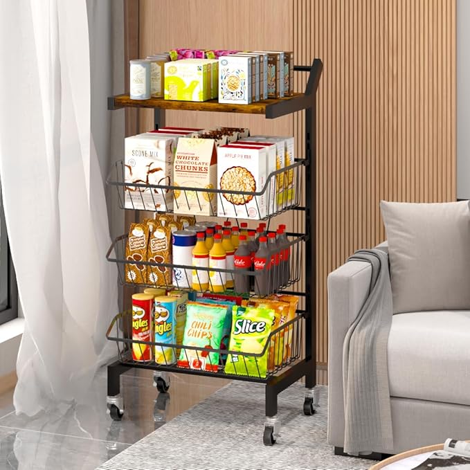 DGSNADGO Slim Rolling Storage Cart, 4-Tier Kitchen Cart on Wheels, Narrow Utility Cart with Handle and Wooden Tabletop for Small Space in Kitchen, Living Room, Bathroom, Laundry Room (Rustic Brown)
