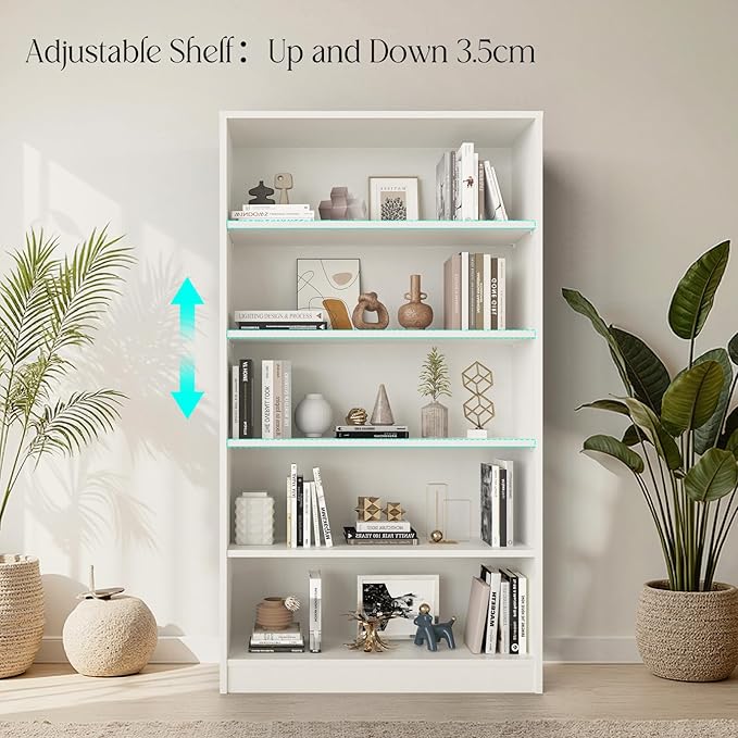 Farini 60 Inch Tall 5-Shelf Bookcase, Wood Bookshelf Storage Organizer Adjustable Shelf for Home Office, Study Room, Easy Assembly,White