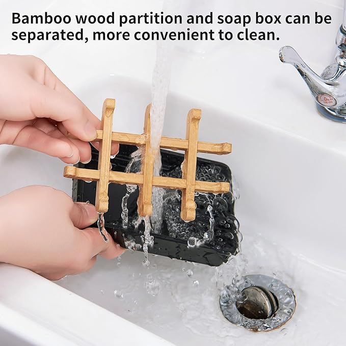 Bamboo Soap Dishes for Shower Wooden Soap Bar Holder for Bathroom Soap Tray Easy to Clean, Durable and with Non-Slip Pads(Two Black Squares)-NeatNest