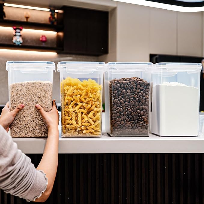 4-Pack 5.2L Airtight Food Storage Containers, BPA-Free Plastic Canisters for Flour, Rice, Pasta & Cereal, Kitchen Pantry Organization with Lids, Labels & Measuring Cups