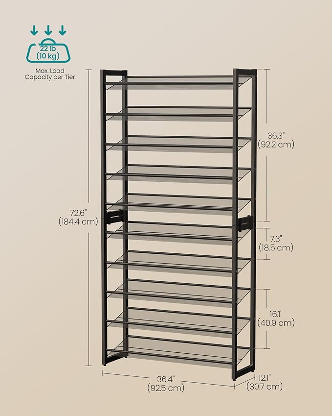 SONGMICS Shoe Rack, 10-Tier Shoe Organizer, Metal Rack for Garage, Set of 2, 5-Tier Stackable Shelf, with Adjustable Flat or Angled Shelves, 40-50 Pairs, Ink Black ULMR010B01-NeatNest
