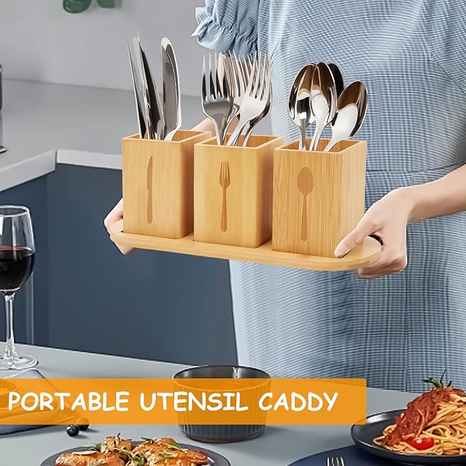 3Pcs Silverware Caddy for Patry, Utensil Holder for Countertop, Silverware Holder Flatware Organizers with tray, Portable Organizer with Wood Tray, Spoon and Fork Holder (Bamboo wood)-NeatNest