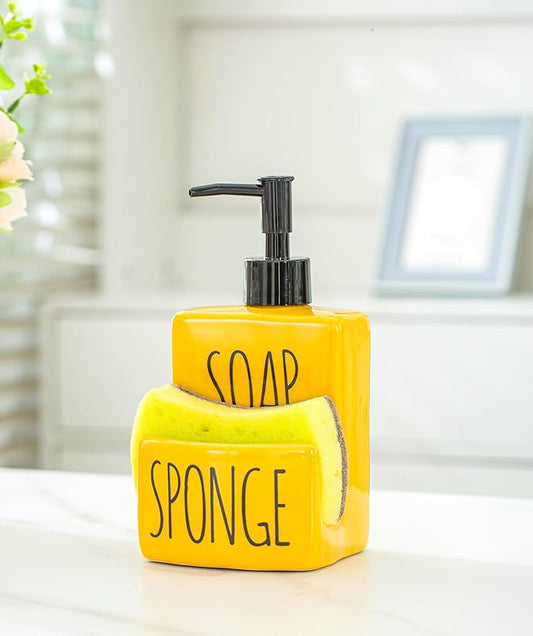 Ceramic soap Dispenser with Sponge Holder for Kitchen Sink Bathroom Counter top Storage and Organization (Yellow)-NeatNest