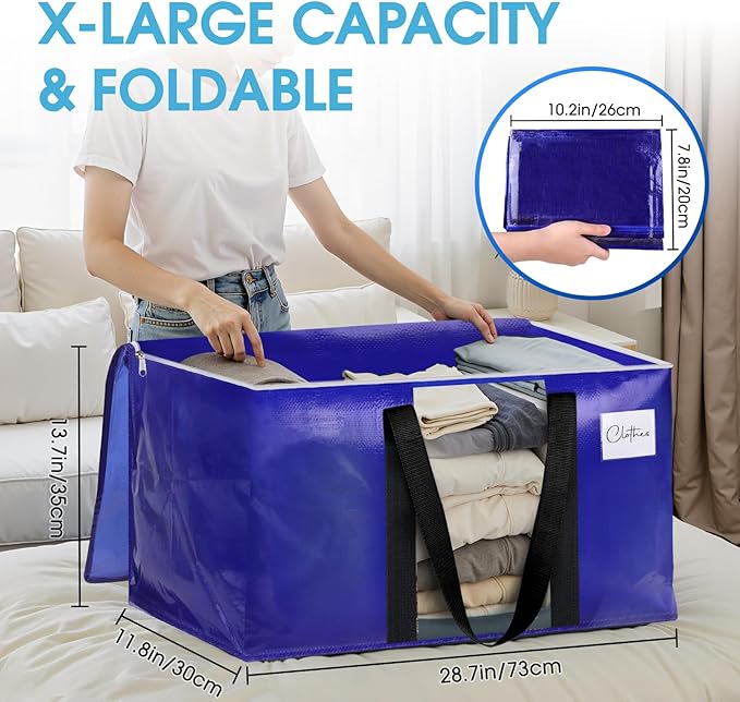 BlissTotes 2 Pack Moving Bags with Clear Window, Storage Bags with Strong Carrying Handles & Zippers,Large Packing Bags for Saving Space, Alternative to Moving Boxes(Blue,20 Gallon)-NeatNest