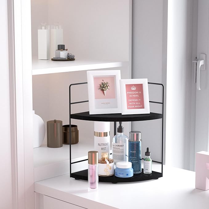 ZGO 2-Tier Bathroom Counter Organizer, Corner Bathroom Organizer Countertop, Makeup Organizer for Vanity Skincare Organizers and Storage, Kitchen Counter Shelf Organizer Perfume Organizer(Black)