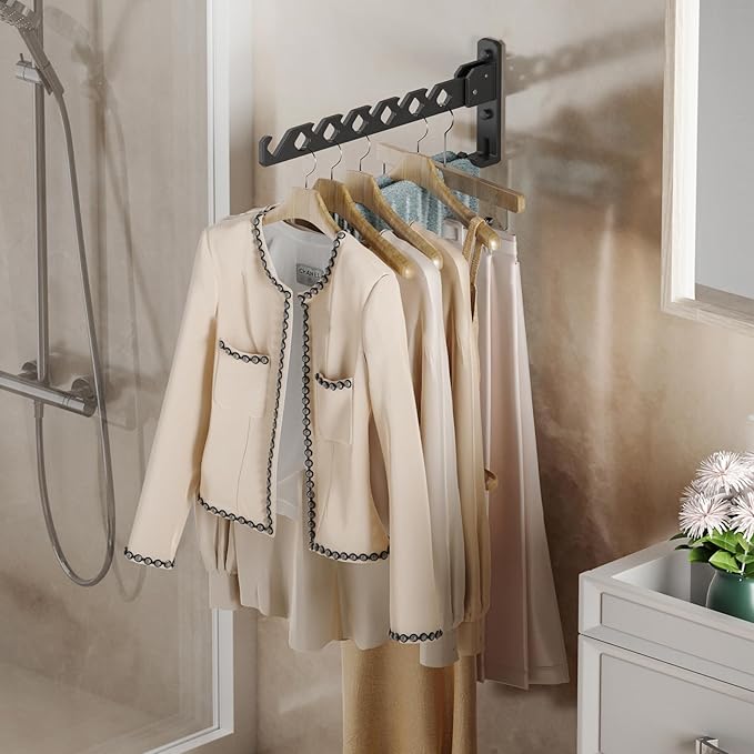 Dr.DJ Wall Mount Coat Hanger Holder Black Clothes Drying Organizer Rack Garment Hooks Aluminium Retractable Folding Indoor Wall Mounted Hanger Space Saver for Laundry Room Bedroom Black 2Pack-NeatNest