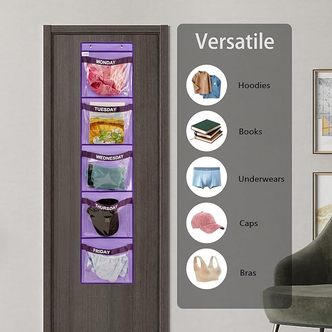 Day of Week Kids Clothes Organizer Weekly Hanging Closet Organizer Monday to Friday School Clothing Storage (PURPLE)-NeatNest