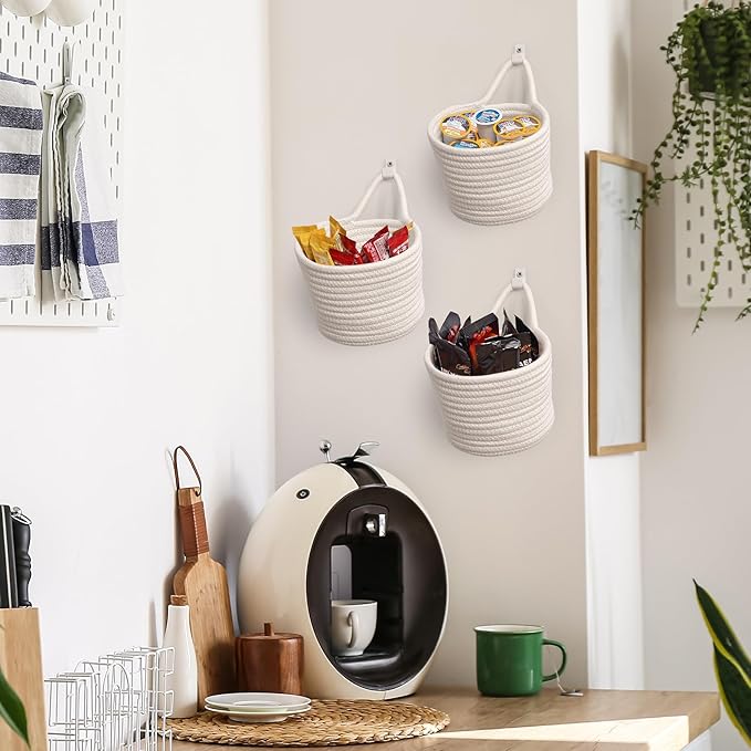 Fabric Wall Hanging Baskets - 3Pack Woven Pouchs Boho Style Wall Mounted Bag with Adhesive Hooks, Storage Organizers and Decoration Pocket Caddy Bins on Door Rack (White & White, Large)