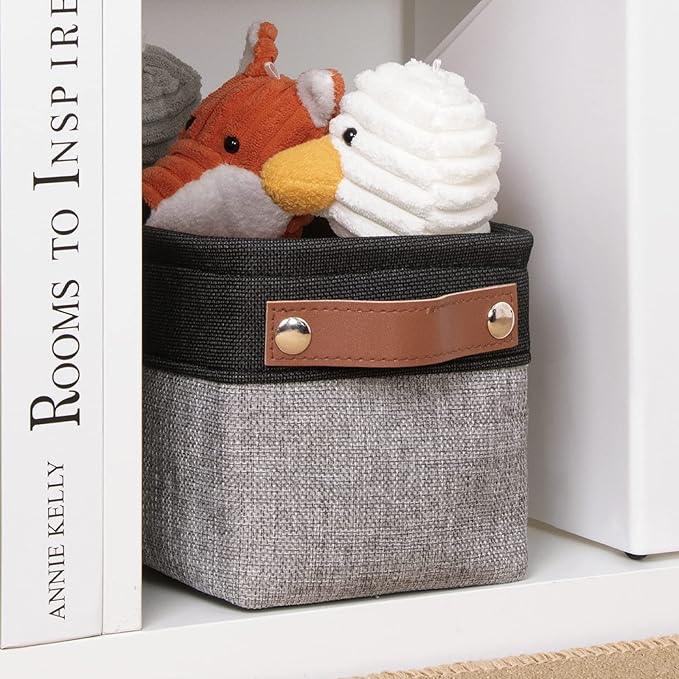 DULLEMELO Fabric Bathroom Storage Bin with Leather Handles, Narrow Organizer for Towels, Toilet Paper Rolls, Storage Basket for Back of Toilet, Vanities, Shelves & Cabinets (Black&Gray)-NeatNest