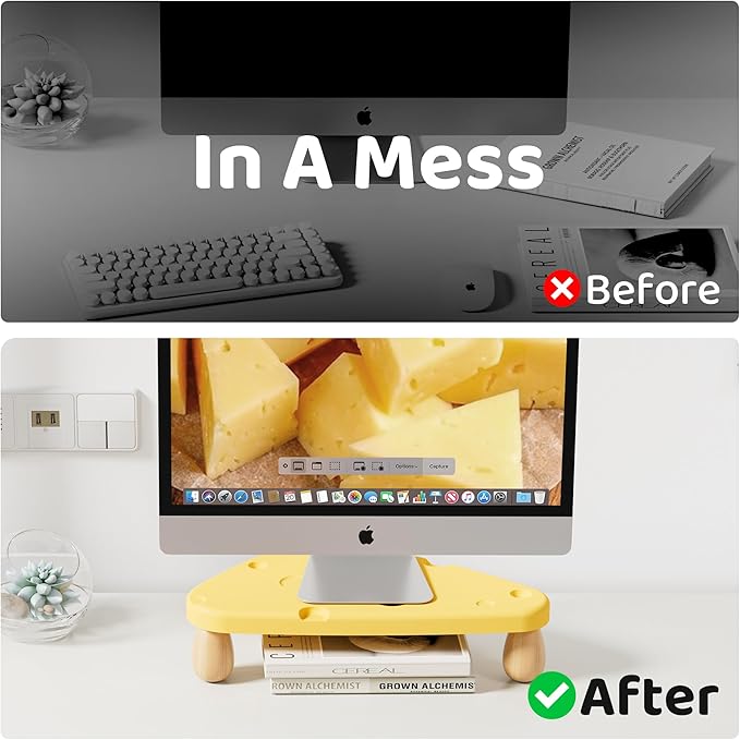 Cute Monitor Stand Riser,Cheese-Shaped Sturdy Desktop Computer Stand Wood Yellow Monitor Riser for Laptop, PC, Computer,Yellow-NeatNest