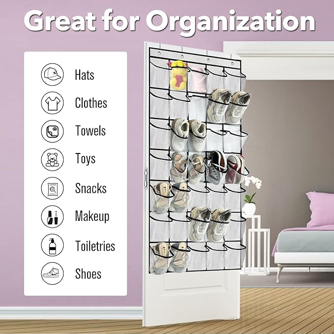35 Large Pocket Over the Door Shoe Organizer, Extra Sturdy Oxford Fabric Hanging Shoe Rack for Door Closet, Wall Mesh Shoe Storage Holder for Mens Women Shoes (White)-NeatNest