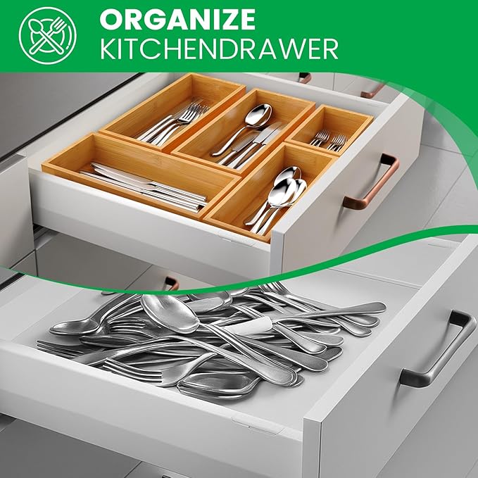 Bamboo Drawer Organizer Set, 5-Piece Storage Trays for Kitchen, Bathroom, Office Desk, Makeup & Junk Drawers,Utensils-NeatNest