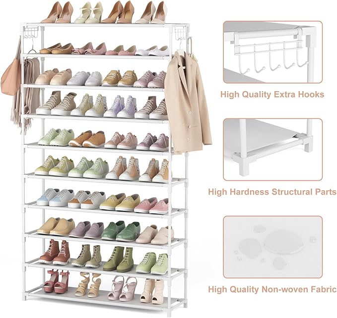 10 Tiers Shoe Rack 50 Pairs Large Capacity Tall Shoe Organizer Sturdy Shoe Storage with Two Hooks Space Saving Metal Wide Shoe Rack for Closet, Entryway, Bedroom, White-NeatNest