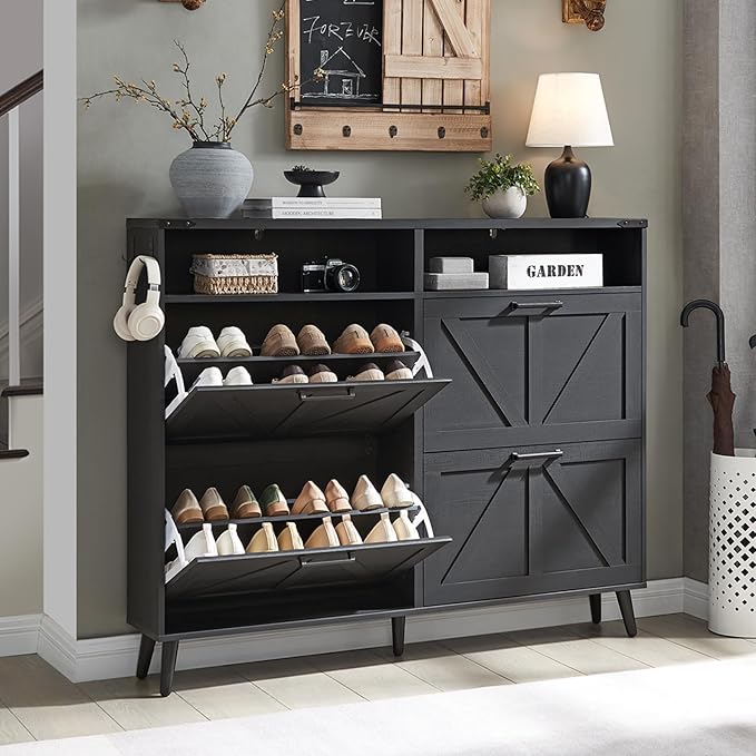 Shoe Storage Cabinet, Farmhouse Shoe Organizer with 4 Flip Drawers & Barn Door,Freestanding Hidden Slim Narrow Shoe Rack with Open Shelves for Entryway, Foyer, Hallway, Black-NeatNest