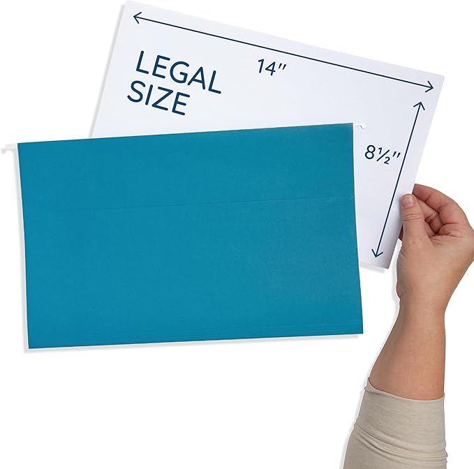 25 Blue Summit Supplies Colored Hanging File Folders Legal Size, Assorted Jewel Tone Colors, Legal Size Hanging File Folders for Filing Cabinet with Plastic Tabs and Inserts, Durable 11pt Paper