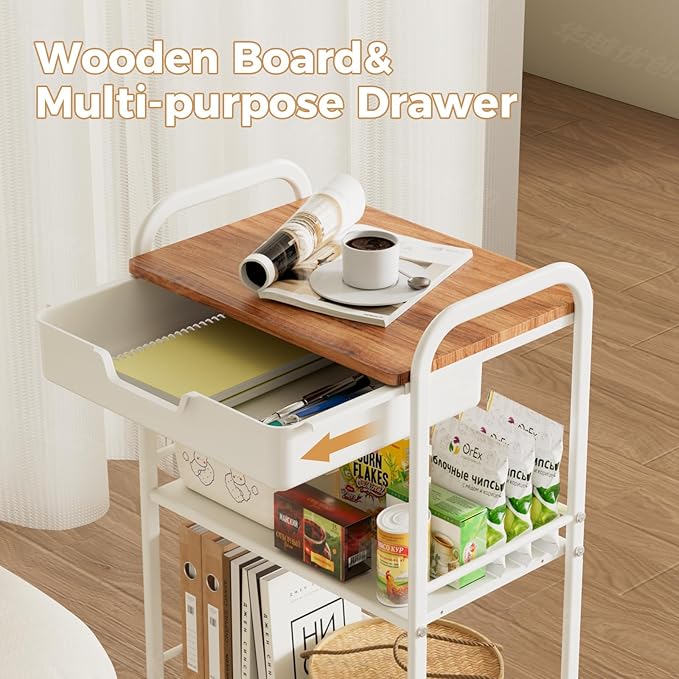 3 Tier Rolling Cart with Drawer, Metal Rolling Storage Cart with Table Top, Modern Utility Cart on Wheels Kitchen Cart Storage Organizer for Bathroom Office Living Room, White-NeatNest