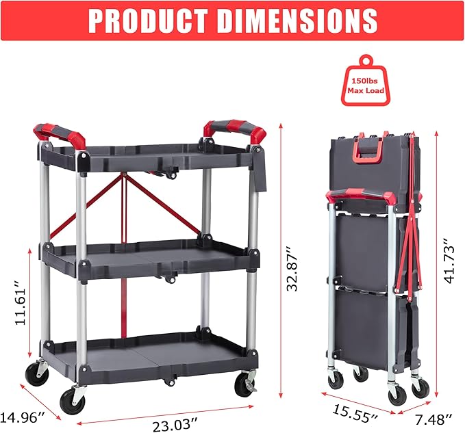 3-Tier Foldable Utility Service Cart, 167Lbs Heavy Duty Collapsible Service Rolling Cart with 2X360° Swivel Lockable Wheels,Portable Tool Cart for Kitchen Office Restaurant Garage Salon
