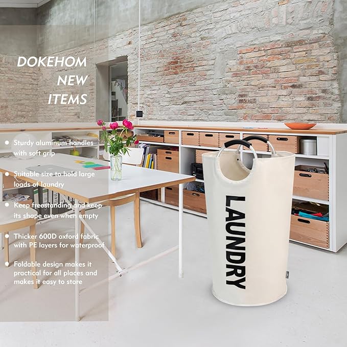 DOKEHOM 90L Large Laundry Basket, Collapsible Laundry Bag, Freestanding Tall Clothes Hamper, Foldable Washing Bin (Beige)-NeatNest