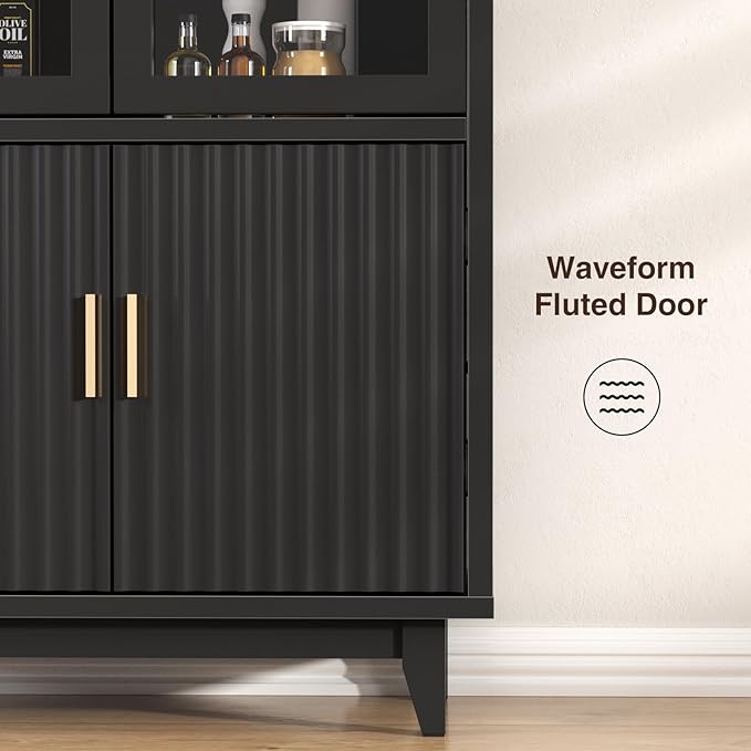 Arched Cabinet with Glass Doors, Fluted Tall Pantry with Solid Wood Legs, 71" Modern Accent Cabinet for Living Room, Kitchen, Dining Room, Entryway, Black