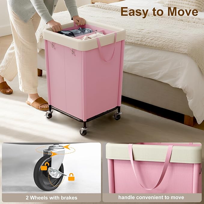 WOWLIVE 160L Rolling Laundry Hamper with Wheels, Heavy Duty Laundry Basket, Large Laundry Cart with Steel Frame and Removable Bag, Dirty Clothes Hamper for Home, Closet, Dorm, Bathroom, Pink