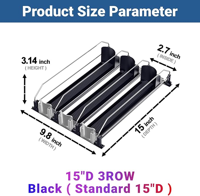 Drink Organizer for Fridge,12oz 16oz 20oz - Soda Can Dispenser for Refrigerator,Width Adjustable,Automatic Pusher Glide (Black, 15"D 3ROW, Holds 15 Cans)