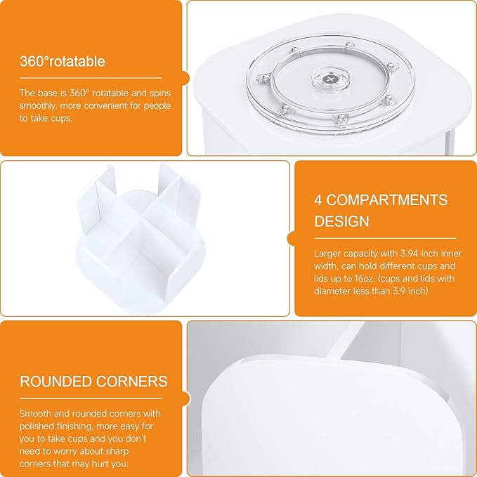 Beego Rotatable 4-Compartment White Acrylic Cup Dispenser - Coffee Station Cup and Lid Carousel Countertop Plastic Cup Holder for Restaurant Breakroom Coffee Bar-NeatNest