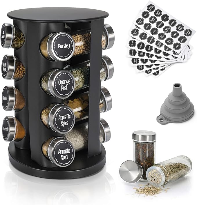 Black Countertop Rotating Spice Rack, 16-Jars Revolving Spice Rack Organizer Tower, 135 Spice Labels with Funnel Complete Set, Seasoning Organizer for Kitchen Countertop, Cabinet-NeatNest