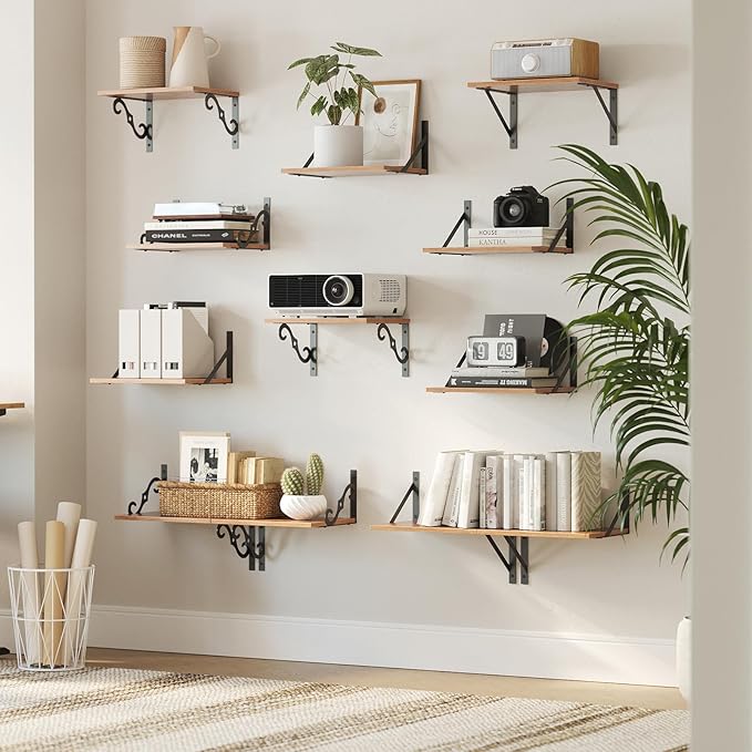 DINZI LVJ Deep Floating Shelves, 16" W x 12" D Wall Shelves Set of 2, Wide Display Shelf Wall Mounted with Brackets, Easy-to-Install Wall Bookshelf for Living Room, Bathroom, Bedroom, Rustic Brown-NeatNest