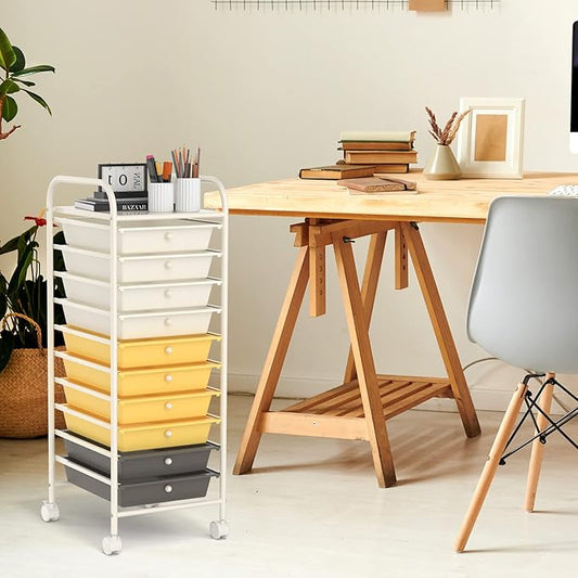 COSTWAY 10-Drawer Rolling Storage Cart, Utility Mobile Trolley with Removable Drawers & Universal Casters & 2 Brakes, Versatile Flexible Drawer Organizer Cart for Home, Office (Yellow)-NeatNest