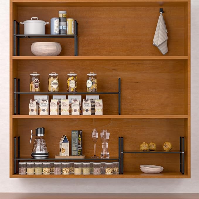 Redrubbit Expandable Cabinet Shelf Organizers, Stackable Kitchen Counter Shelves Spice Rack for Kitchen Bathroom Pantry Cupboard Desk Home Office, Black-Large