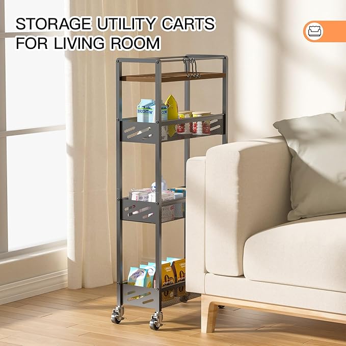 DGSNADGO Slim Rolling Storage Cart, 4-Tier Kitchen Cart on Wheels, Narrow Utility Cart with Handle and Wooden Tabletop for Small Space in Kitchen, Living Room, Bathroom, Rustic Brown and Black