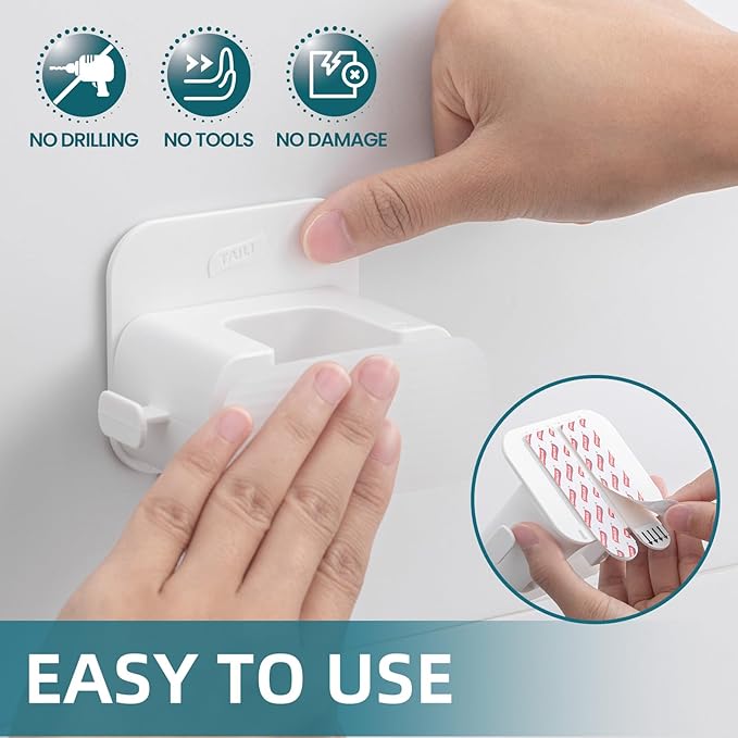 TAILI Mop and Broom Holder Wall Mount Grippers, 3 Hangers and 8 Adhesive Strips, Damage Free Hanging Wall Mount, Household Cleaning Organizer for Organization and Storage, Holds up to 4 lbs, White-NeatNest
