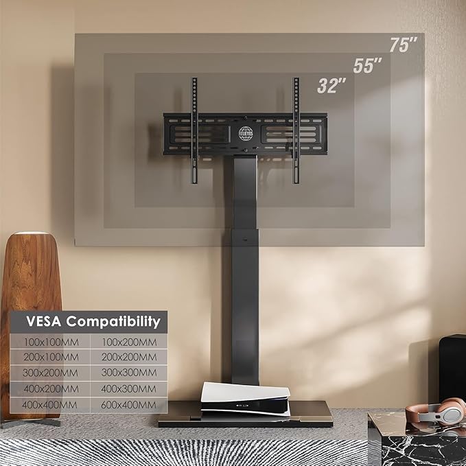 FITUEYES Iron Base Universal Floor TV Stand with Swivel Mount for 32-75 Inch LED LCD OLED Plasma Flat Panel or Curved Screens Height Adjustable TV Stand with Wire Management