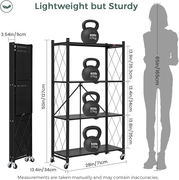 DEANIC 4 Tier Foldable Storage Shelves with Wheels, Large Capacity Shelving Unit, Freestanding Metal Wire Shelf Rack, No Assembly Organizer Rack for Garage Kitchen, Basement, Pantry(Black Pack of 2)-NeatNest