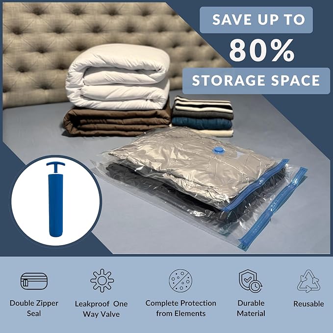 8 Mega Jumbo XXL Vacuum Storage Bags with Pump, Supersized Compression Space Saver for Comforter, duvet, Bedding, Blanket storage, Vacuum Seal Bags for Clothing, Durable Safe Poly Material-NeatNest