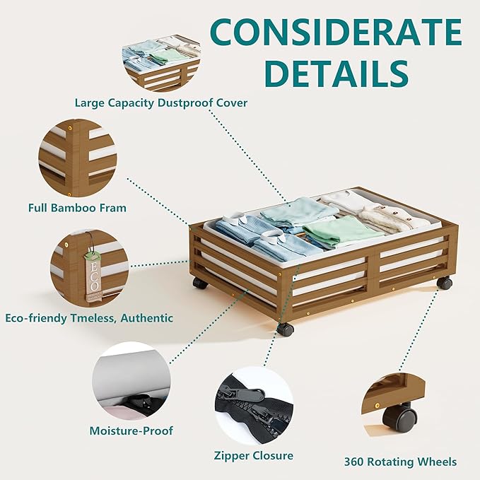 Bamboo Under Bed Storage Containers- Underbed Organizer with Wheels with Large Dust Bag,Sturdy Wood Rolling Under the Bed Shoe Storage Organizer Drawer 2 Packs (Walnut, Small)-NeatNest