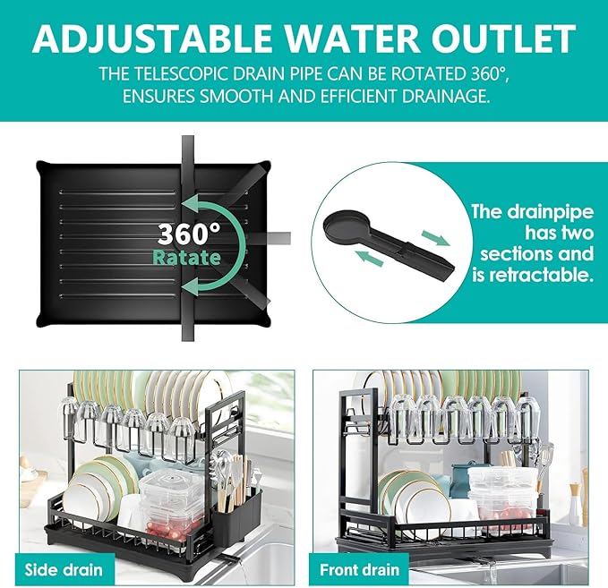 2-Tier Dish Drying Rack Dish Drainer Dish/Cup/Cutting Board Cutlery Holder Dish Drainer Rack Multifunctional Storage Rack w/Drainboard & 360° Telescopic Drain Pipe for Kitchen (Black)