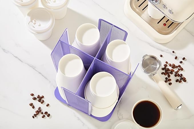 Annova Paper Cup and Lid Holder Plastic Storage Organizer, 360Rotating Dispenser with 4 Compartments, Multifunctional Cup Rack for Home, Office, Bar, Coffee Shop (Purple)-NeatNest