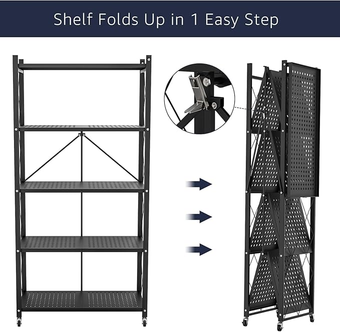 5-Tier Foldable Storage Shelf with Wheels – Heavy Duty Metal Collapsible Rolling Cart for, Closet, Office & Garage Storage Shelves Organization, No-Assembly Storage Shelf– Black Metal Shelf