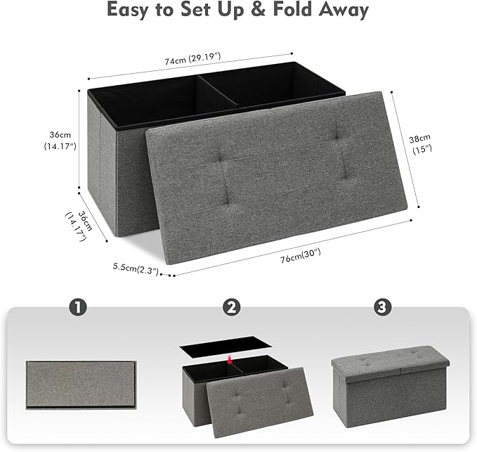 B FSOBEIIALEO Storage Ottoman with Flipping Lids, Ottoman Bench Footrest Seat, Linen 30"x15"x15" (Grey)