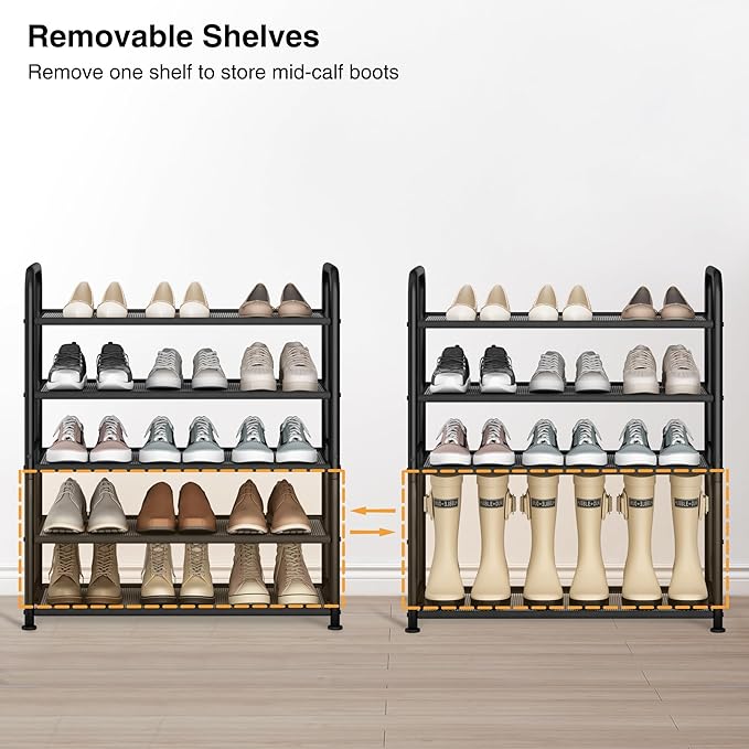 STO STO 5-Tier Shoe Rack with Sturdy Mesh Shelves, Heavy Duty Metal Shoe Organizer for Entryway, Closet, Garage, Front Door, Holds 15 Pairs, Free Standing Shoe Storage Shelf, Adjustable Feet, Black-NeatNest