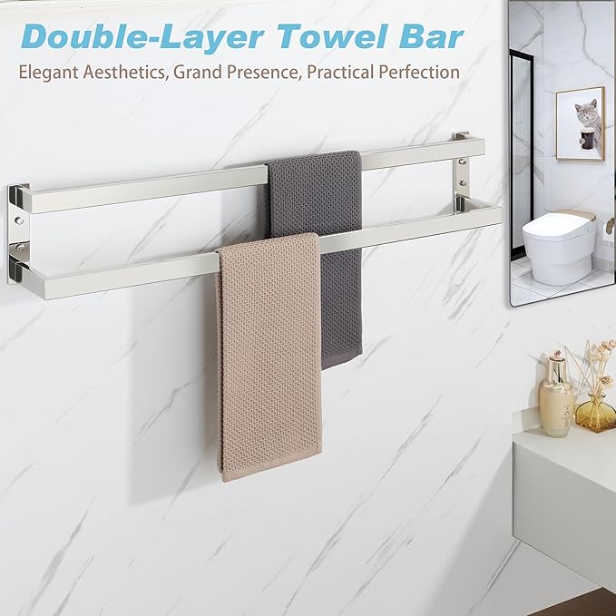 Alise Double Towel Bar 32", SUS304 Stainless Steel Towel Racks for Bathroom Wall Mounted, Space Saving Bathroom Towel Holder, Long Towel Hanger, Polished Chrome