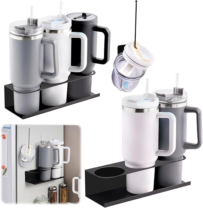 Black 2 Pack Magnetic Cup Holder with Lid Holder (1PC) Fridge for 30 & 40 oz Tumbler - Strong Fridge Mount - Water Bottle Organizer for Metal- No Drill Cup Accessories for Car, Kitchen, Office-NeatNest